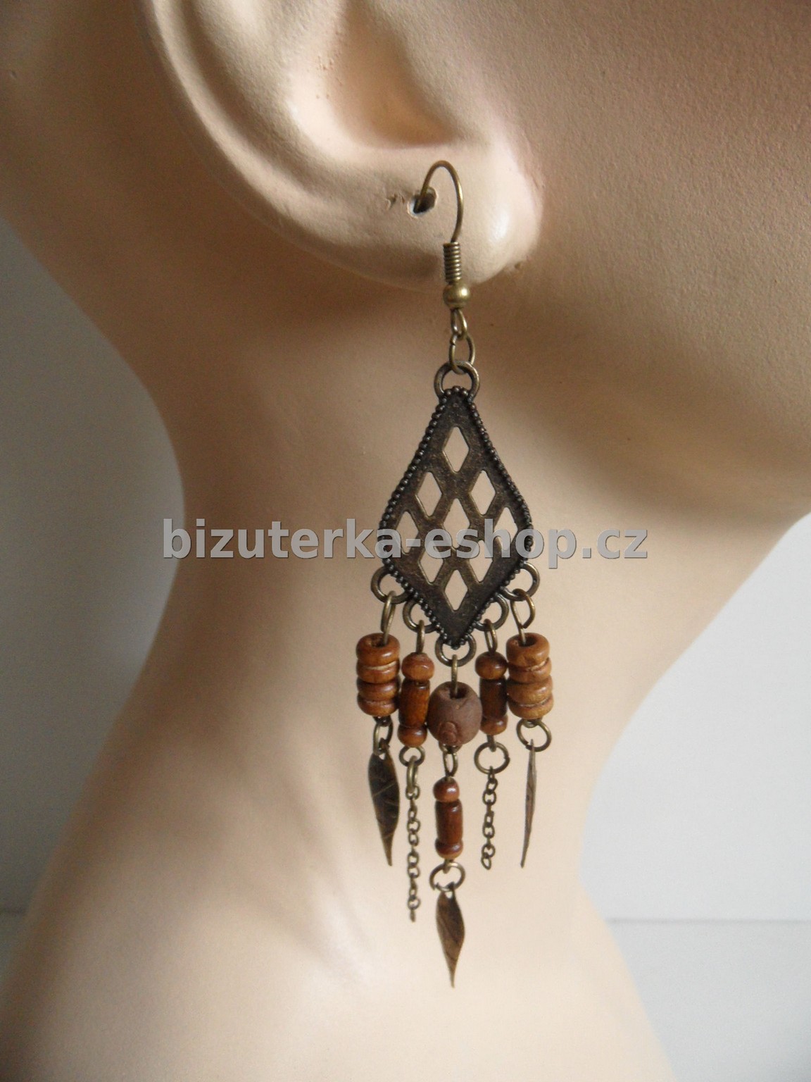 Naušnice závěsné zlatá patina + hnědé perličky BZ-03007