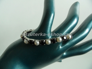 Náramek s perličkami a kamínky bílo černý BZ-04828