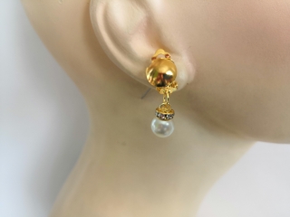 Naušnice klipsy visací perličky s kamínky zlaté BZ-06948