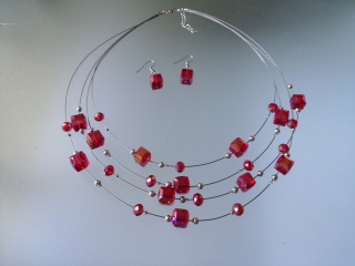 Souprava náhrdelník a naušnice perličková červeno stříbrná BZ-07156