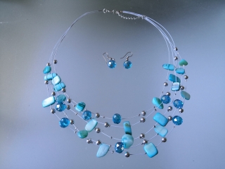 Souprava náhrdelník a naušnice perličková perleťová modro stříbrná BZ-07158