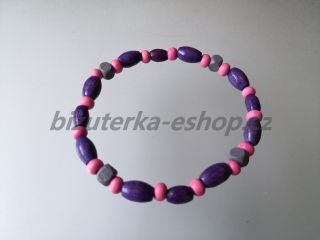 Náramek z dřevěných korálků fialovo růžovo šedý BZ-071836