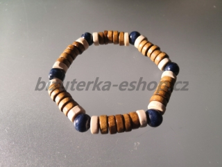 Náramek z dřevěných korálů hnědo smetanovo modrý BZ-071843
